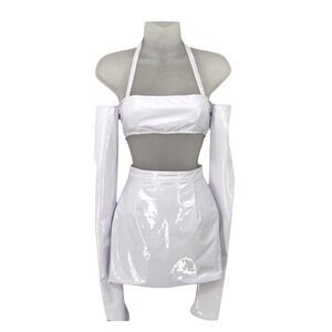 Laquan Smith X Revolve Vinyl Off Shoulder Crop Top Mini Skirt Set XS Festival